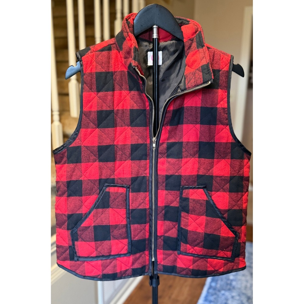 Wanna B Womens Red Black Buffalo Plaid Quilted Zip Front Vest V2010 Size L